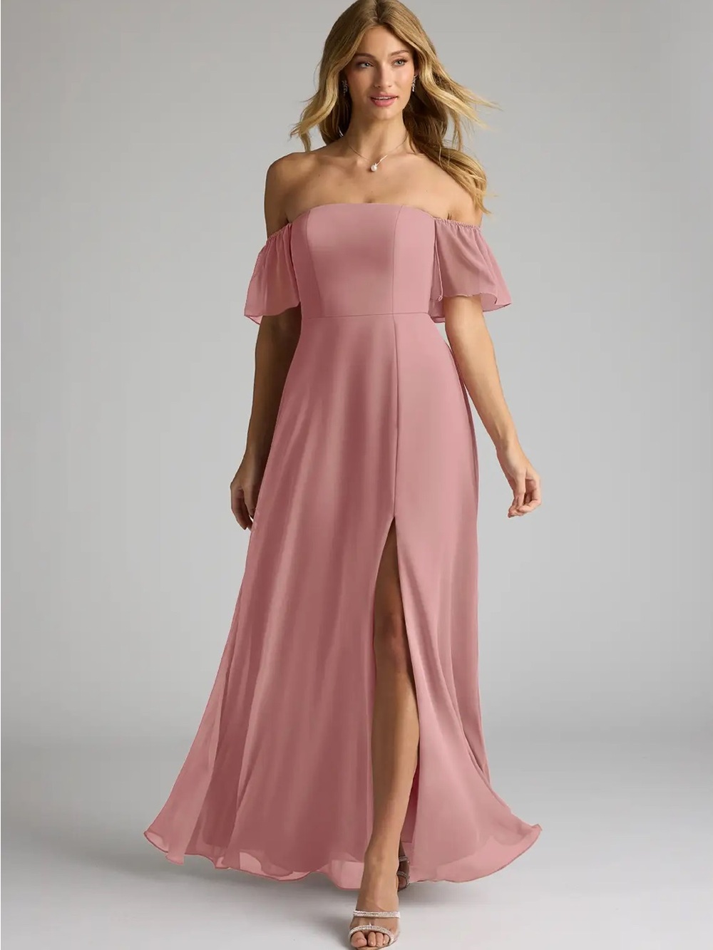 Azazie Dusty Rose Off-Shoulder Maxi Dress with Thigh Slit